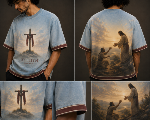 The Redeemer — BY FAITH First Collection, front and back view showing cross and biblical scene artwork